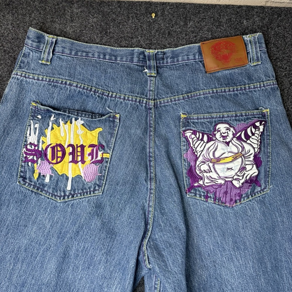 Ed Hardy Mens Jeans 40x32 Y2K Buddha Embroidered Baggy Hip Hop Denim Streetwear